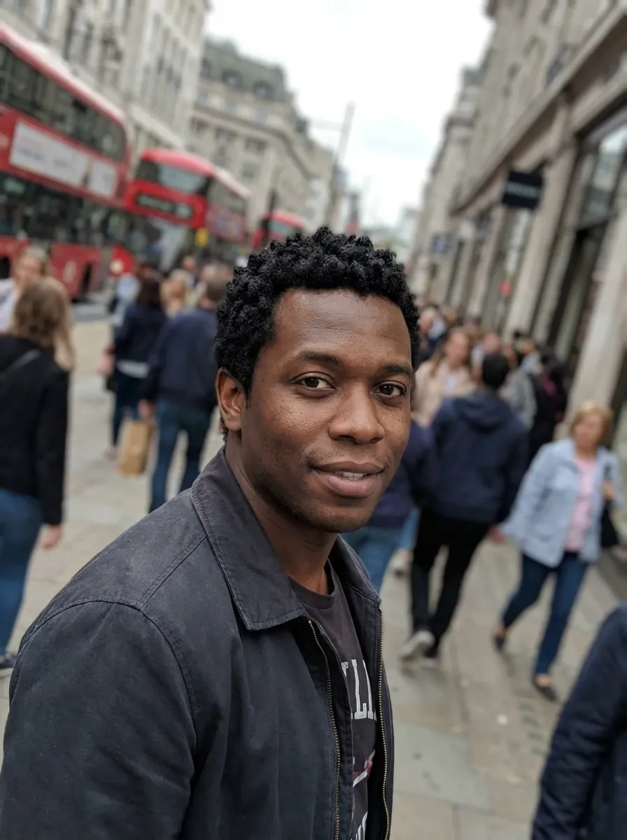 Original selfie input — man in a dark jacket on the street